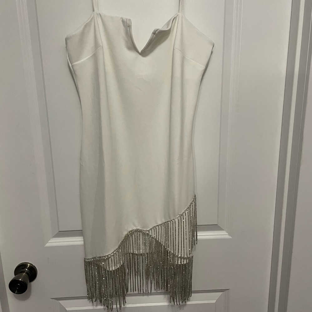White Rhinestone Fringe Dress